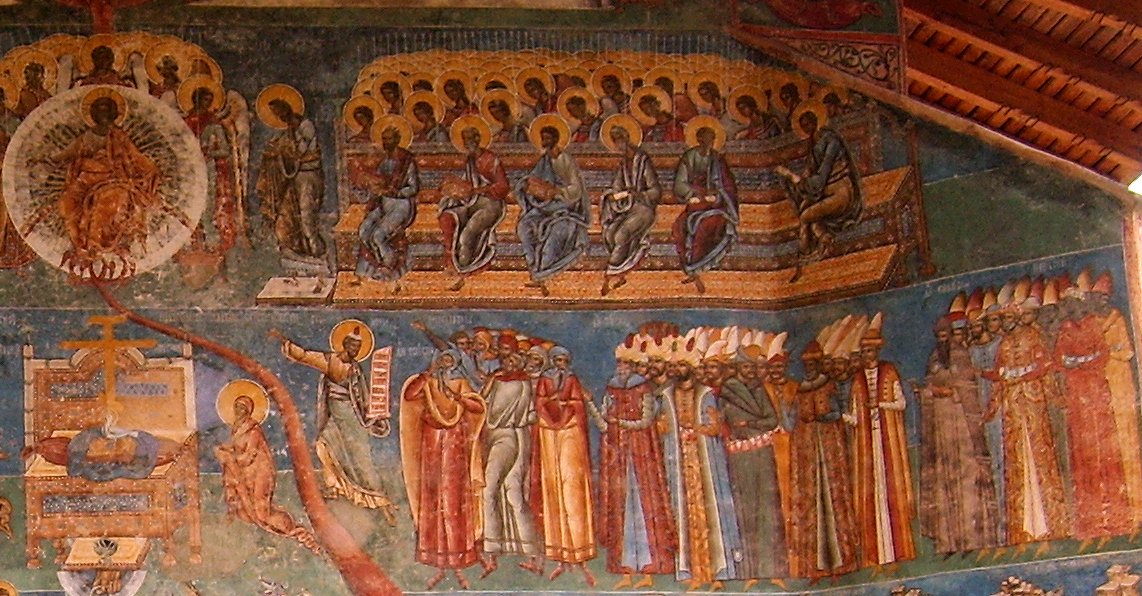 Last Judgement Scene painted on the outer wall of Voronet Monastery, Romania. Moses converts the infidels, including Jewish and Muslim leaders.