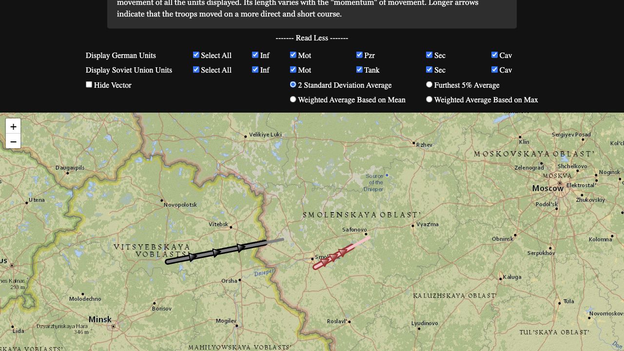OPMAPS Barbarossa map showing Smolensk operational movement vectors and unit filters