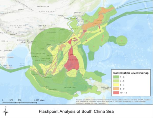 South China Sea flashpoint analysis map showing contestation overlap and strategic risk areas