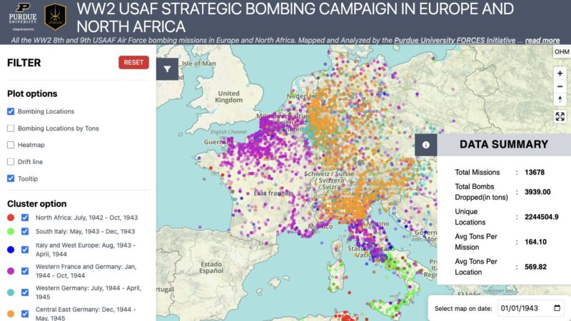 THOR military geospatial data science map showing USAAF World War II bombing missions in Europe and North Africa
