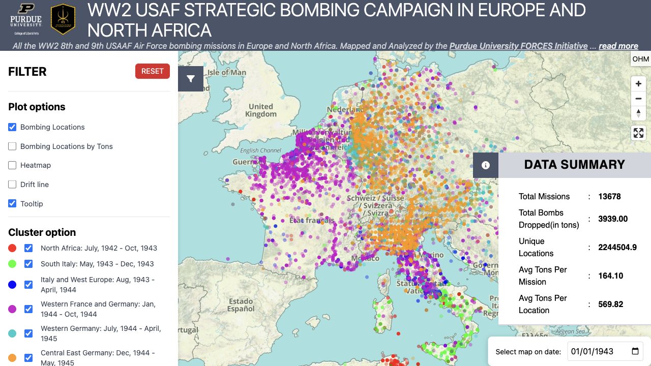 THOR military geospatial data science map showing USAAF World War II bombing missions in Europe and North Africa